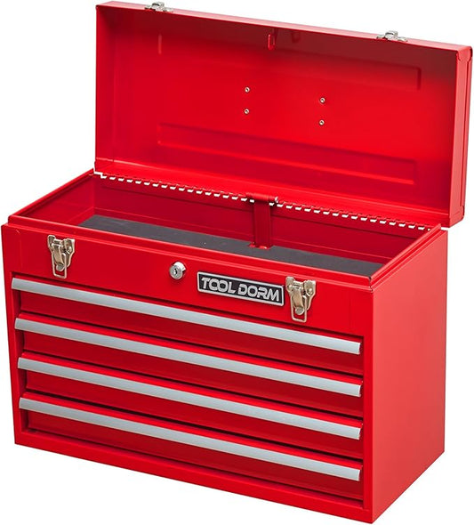 Metal Tool Box with 4 Drawers Portable Steel Tool Chest with Metal Cylinder Lock and Latch Closure, Liner, Red Powder coating, suitable for Garage, Warehouse and Outdoor Repair job