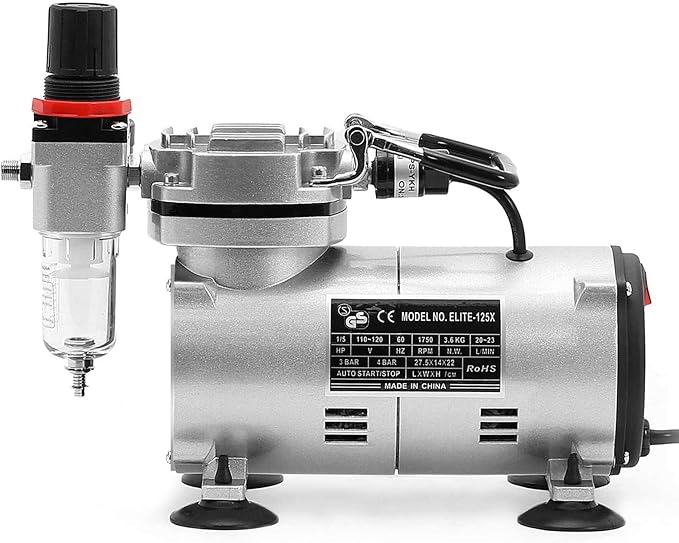 PointZero 1/5 HP Airbrush Compressor with Regulator, Gauge and Water Trap - Quiet Portable Air Pump Silver