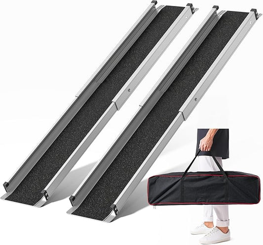 Adjustable Wheelchair Ramp 6FT Telescoping Portable Ramps for Steps Aluminum Lightweight Ramp with Storage Bag Non-Skid Ramps for Wheelchair for Home 72" L x 7.4" W 600lbs Capacity (2 Pack)