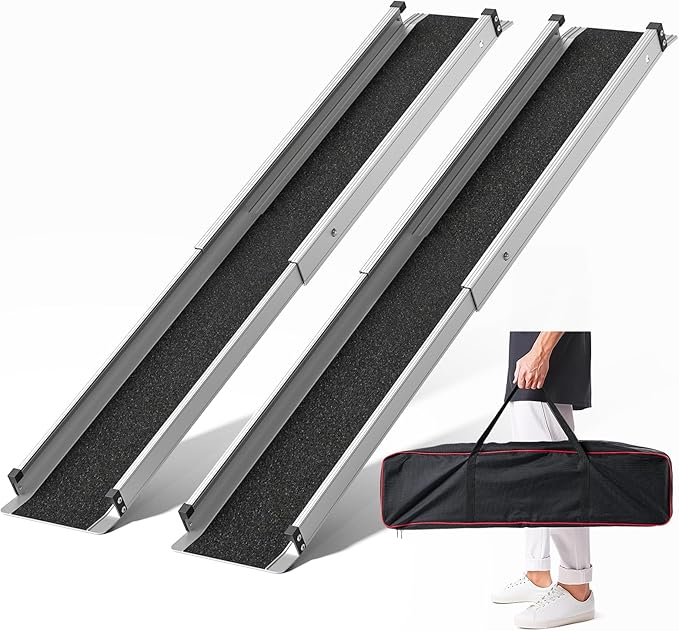 Adjustable Wheelchair Ramp 5FT Telescoping Portable Ramps for Steps Aluminum Lightweight Ramp with Storage Bag Non-Skid Ramps for Wheelchair for Home 60" L x 7.4" W 600lbs Capacity (2 Pack)
