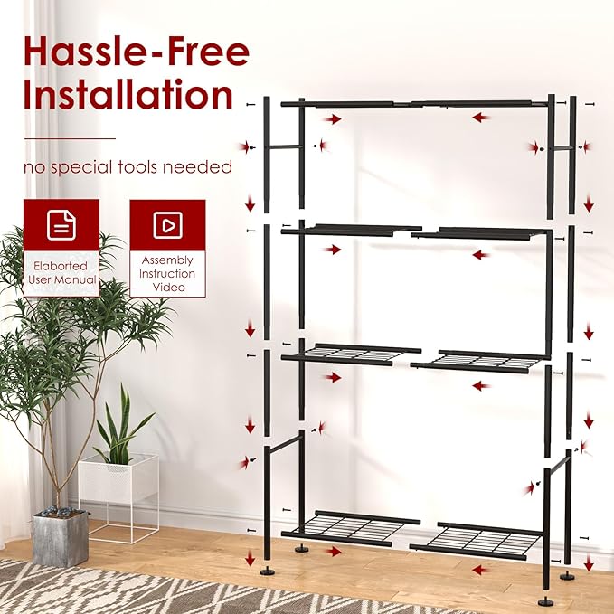Sakugi Storage Shelves - 4 Tier Shelf Organizer, Heavy Duty Garage Shelving Unit with Leveling Feet, Stable Metal Shelves Organizer for Pantry, Kitchen and Closet, 33.0" W x 12.6" D x 57.2" H, Black
