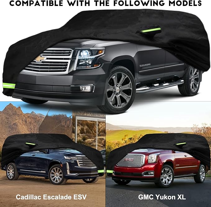YIXIN Waterproof Car Cover for 2007-2026 Chevy Suburban/GMC Yukon XL/Cadillac Escalade ESV Car Cover Custom Fit 100% Waterproof Windproof Strap & Single Door Zipper Up to 226” L (Black)