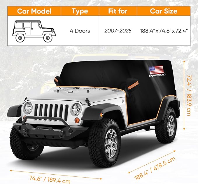Wrangler Cab Cover for 2007-2025 Jeep Wrangler JK JKU JL JLU 4 Door,NEVERLAND Half Car Cover Waterproof Oxford with Reflective Strip,Sun Snowproof Cab Car Cover Black