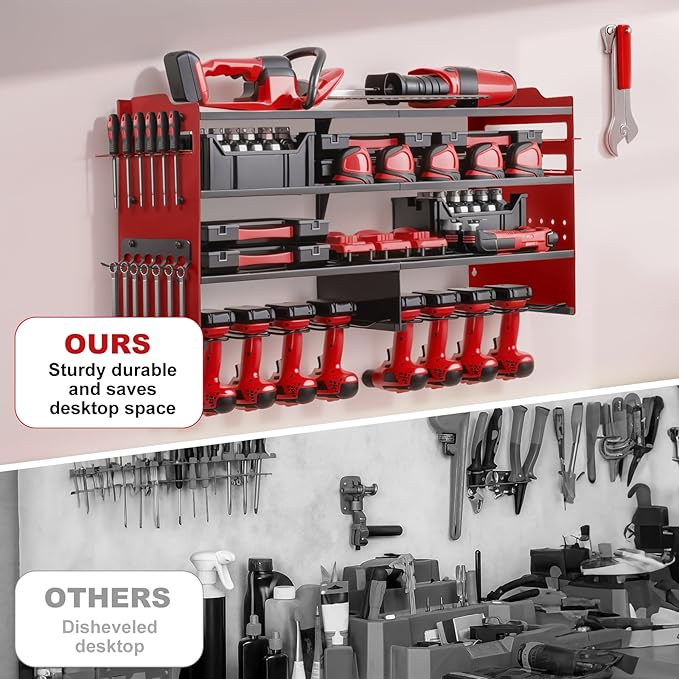 oviitech Large Power Tool Organizer Wall Mount, 8 Drill Holder Wall Mount Loads 400lbs, 4 Layer Heavy Duty Metal Power Tool Storage, Red, Utility Rack for Garage Workshop