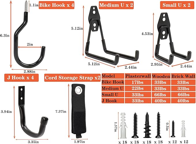 TocTen Garage Hooks, 14 Pack Garage Storage Hook Heavy Duty Solid Steel Wall Hooks, Wall Mount Garage Bike Hooks with Anti-Slip Coating Utility Hooks for Hanging Bike Ropes Garden Tools (Black)