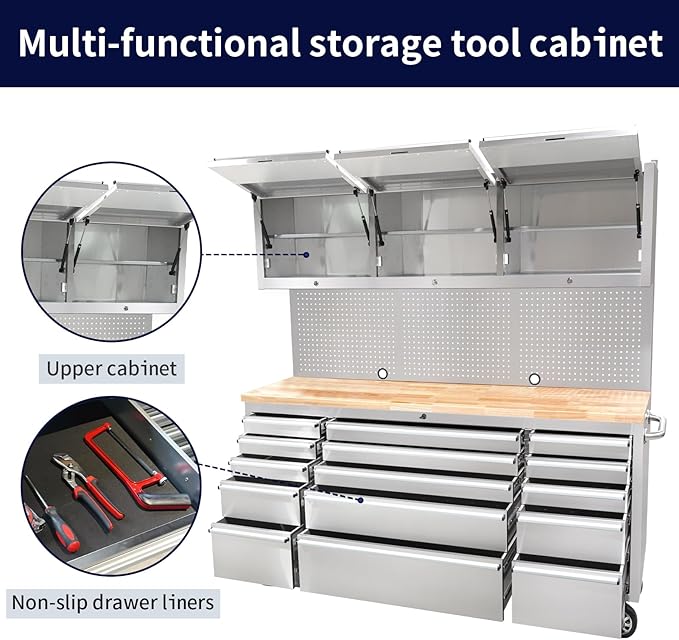 CHETTO C 72” Tool Chest Rolling with 15 Storage Drawers 3 Upper Cabinet Wheels Pegboard Workbench Easy to Operate and Store Stainless Steel