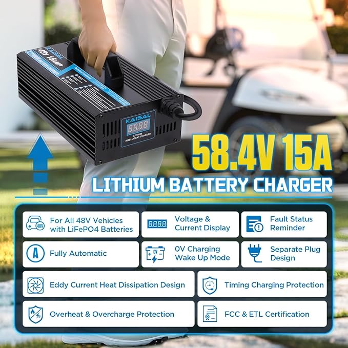 KAISAL 48V/58.4V 15A Lifepo4 Battery Charger - Onboard 48 Volt Lithium Golf Cart & Forklift Charger with IP68 Waterproof Removable Plug