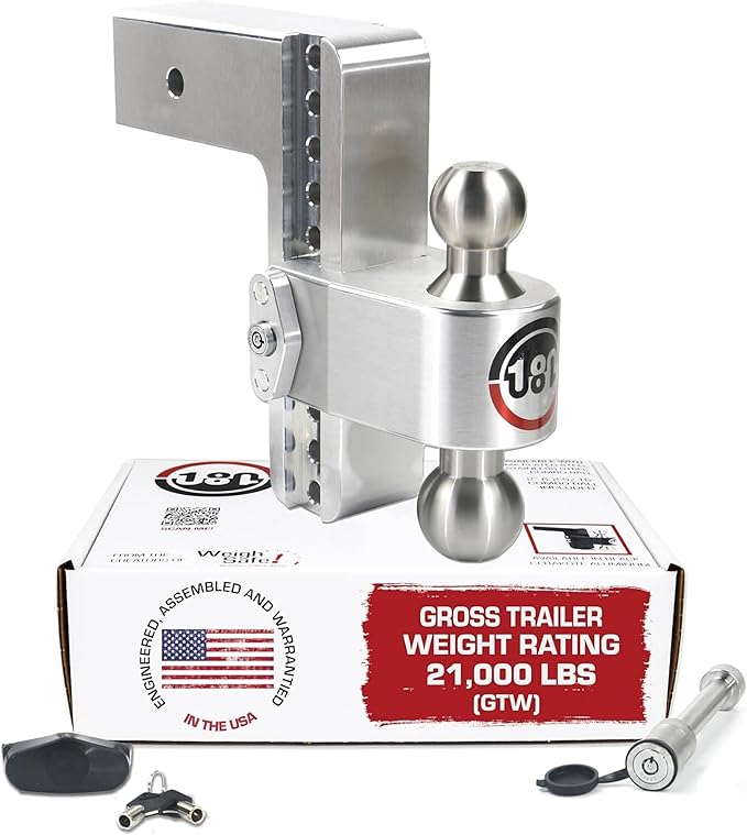 Weigh Safe 180-Degree Trailer Hitch - Adjustable Trailer Hitch for Towing - Compatible with 3" Receivers - 8" Drop, Stainless Steel Tow Balls, 21,000 GTW, 2-Piece Lock Set