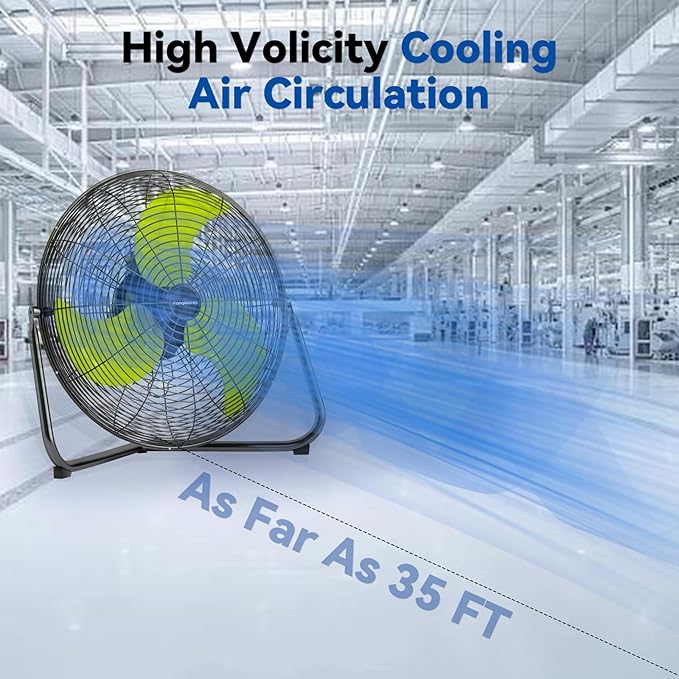 20" High Velocity Floor Fan, 5300 CFM Heavy Duty Industrial Floor Fan, 3 Speed, 360 Degree Tilt, Quiet Operation for Warehouse, Basement, Factory, Barn, Garage - UL Safety Listed
