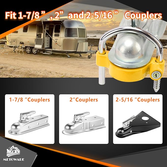 METOWARE Keyed Alike Trailer Lock Set: Universal Trailer Coupler Lock, 2 Dual Bent Pin Trailer Hitch Locks (1/2" & 5/8") and Trailer Tongue Lock - 3-Piece Anti-Theft Towing Security Kit, Yellow