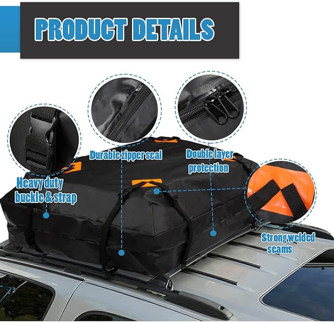 VaygWay 15 Cubic Feet Car Rooftop Cargo Carrier Bag – Black Waterproof Heavy Duty Car Roof Cargo Bag –Perfect for Vehicle with/Without Rack– Universal Car SUV Roof Top Traveling Camping Luggage Bag