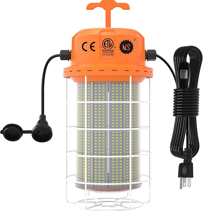 NS LED Temporary Work Light 400W 60000 LM, 5000K Daylight with 16-ft Cord & Hook, Waterproof, Orange - 26-Year Lifespan, 5-Yr Warranty, Chainable up to 20 (1-Pack) Construction JobSite Warehouse