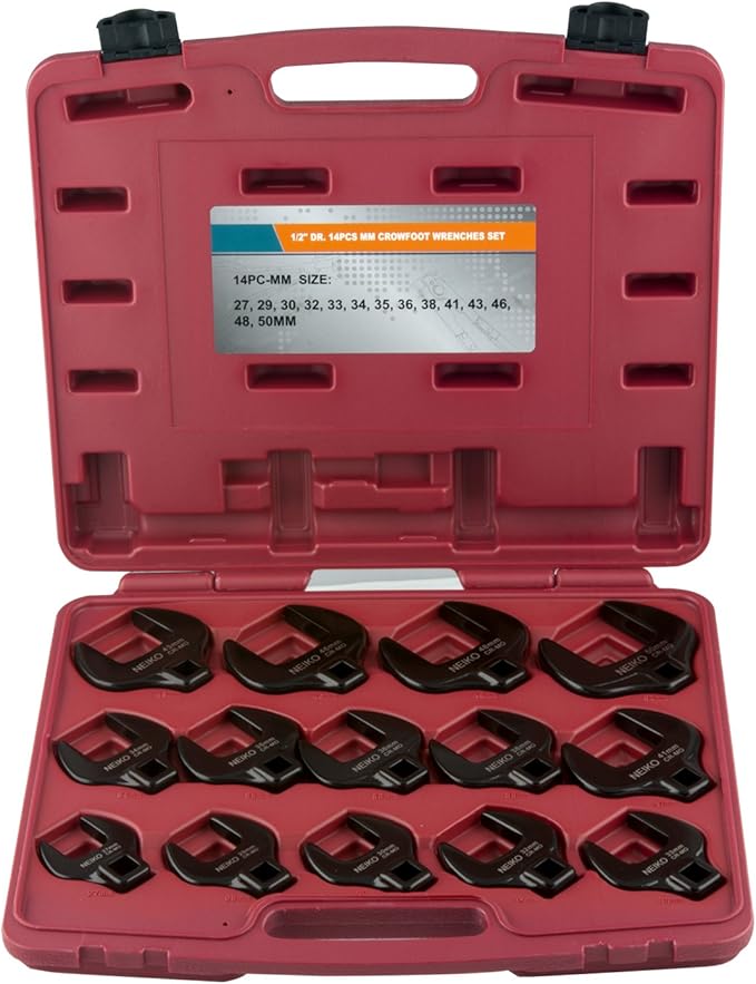 NEIKO 03326A ½” Drive Jumbo Crowfoot Wrench Set | 14 Piece | Metric | 27 to 50 mm | Cr-Mo Steel, Red