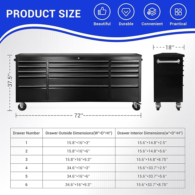 CHETTO C 72 inch Tool Chest Tool Box Mobile 15 Drawers Storage Rolling Cabinet with Wheels Lock Key Locking System Drawer Liners for Garage Warehouse Repair Shop Black