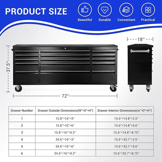 CHETTO C 72 inch Tool Chest Tool Box Mobile 15 Drawers Storage Rolling Cabinet with Wheels Lock Key Locking System Drawer Liners for Garage Warehouse Repair Shop Black