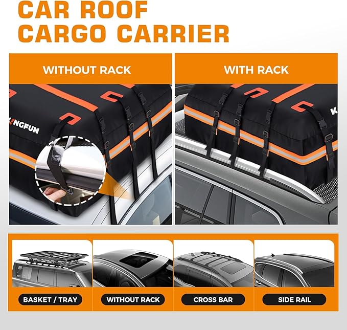 Kingfun Car Rooftop Cargo Carrier – Waterproof 15 Cubic Feet Car Roof Bag Fit All Vehicles with/Without Roof Racks, Includes Anti-Slip Mat, 8 Reinforced Straps & 6 Door Hooks, Luggage Locks