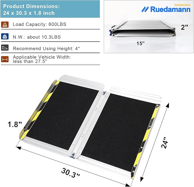 Ruedamann 2FT 30.3" Wheelchair Ramp, Portable Wheelchair Ramp for Home Entrance, 30-1/4" Wider Design, Non-Slip Aluminum Folding Ramps for Wheelchairs, Strollers, Scooters, Stairs, Curbs, Doorways