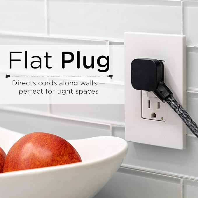 Cordinate Designer Mini 3-Outlet Power Strip, 18 in Braided Extension Cord, Grounded Adapter, Low-Profile Flat Plug, ETL Listed, Black/Dark Heather, 47298