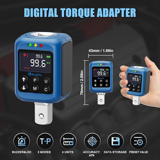 Digital Torque Adapter 1/2", 1.5-99.6 Ft-lb/2-135 Nm, Digital Torque Wrench Converter with ±2% Accuracy, Buzzer and LED Indicator, 2 Modes, 4 Units, 3/8'' & 1/4'' Adapters for Car, Moto