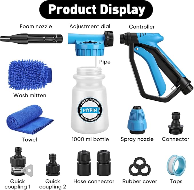 Upgraded Car Wash Foam Gun, Foam Cannon, Adjustable Hose Wash Sprayer with 2.5 to 6 Bars Foam Blaster, NEW Handle, Wash Mitten &Towel, Suitable for Car Cleaning & Garden Use with 1/2” Quick Connector