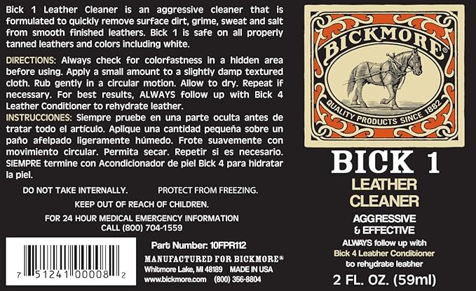 Bickmore Bick 1 Leather Cleaner 2 oz - Clean Dirt, Oil, Sweat, Salt, and Water Stains from all Colored, White, and Black Leather