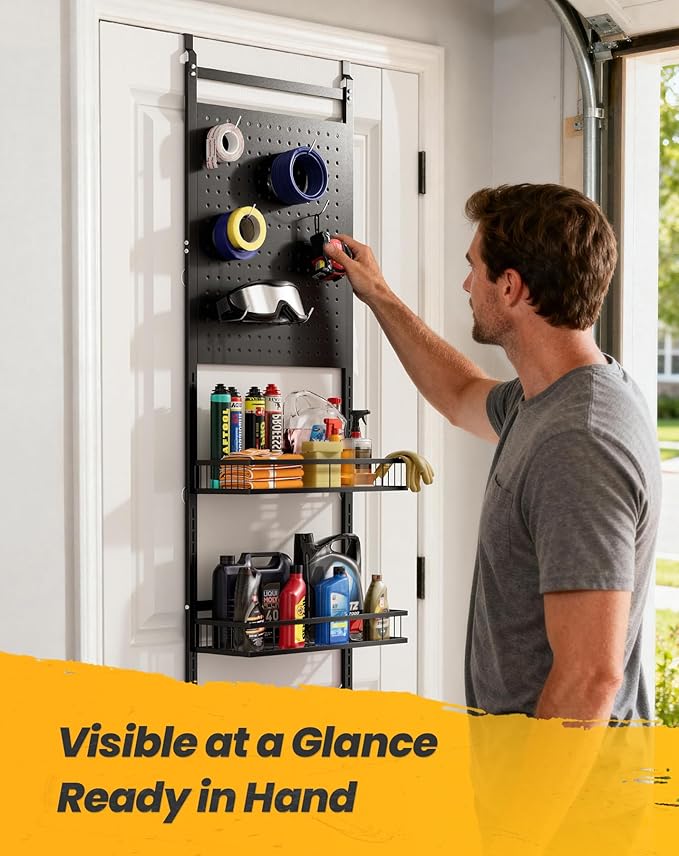 mustry Over The Door Garage Organizer, Behind The Door Storage with PegBoards and Baskets for Cleaning Supplies, Car Care, Spray Can, Metal Hanging Storage Rack for Garage Organization