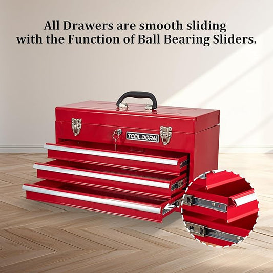 20.3“ Metal Tool Box with Drawer Portable Steel Tool Box with Protective Liner and Latch Closure and Lock for Garage, Home and Warehouse (Red-3 Drawers)