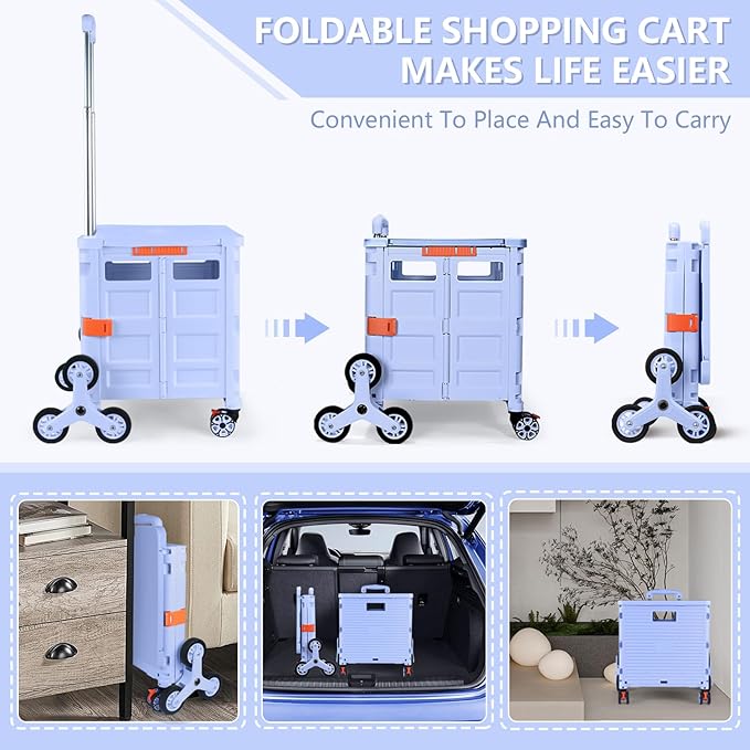 Foldable Utility Cart Folding Portable Rolling Crate with Magnetic Extended Lid,360°Rotate Wheels,176LBS Load Capacity,Heavy Duty Durable Dolly Cart(Blue)