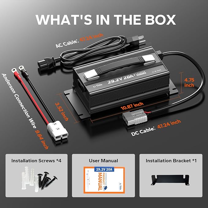 LiTime 29.2 V 20 A Lithium Battery Charger Designed for 24V LiFePO₄ Battery, Fast, Smart & Safe Support 0V Reactivation and 4‑Stage Protection, Deep Cycle Rechargeable Batteries of Home, RV