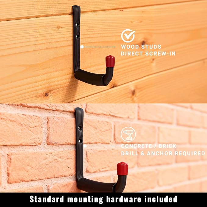 6 Pack Garage Hooks Heavy Duty, 4.41 Inch Easy to Install Steel Ladder Storage Hooks, Wall Mount Organizer with EVA Pads for Kayaks, Bikes, Chairs, Tools