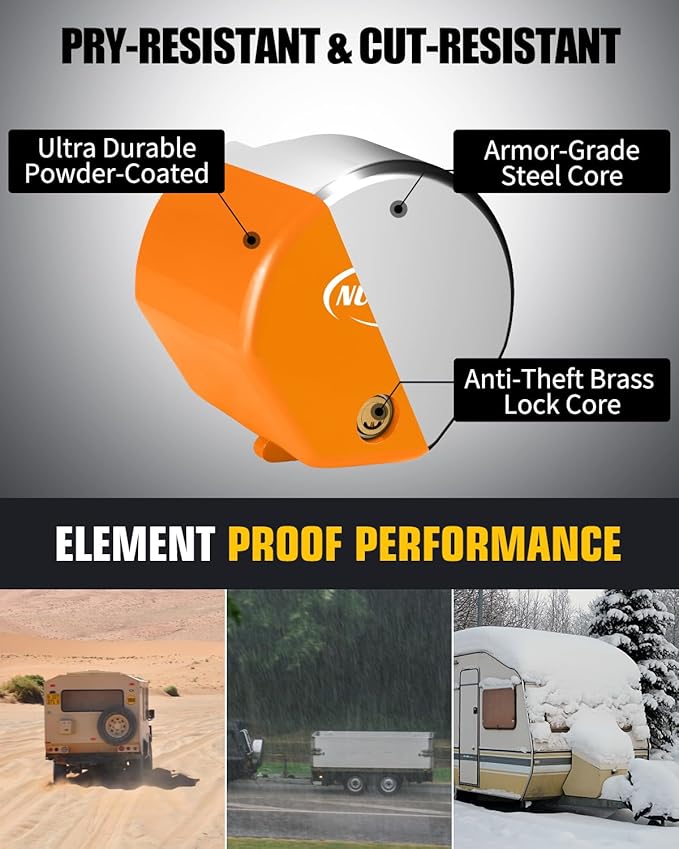 Heavy Duty Anti Theft Trailer Lock, Universal Fit 1-7/8", 2" and 2-5/16" Couplers, Reinforced Solid Steel Tow Lock for Trailer Tongue, Hitch Lock for RV, Cargo, Boat, Camper, Utility (Orange)