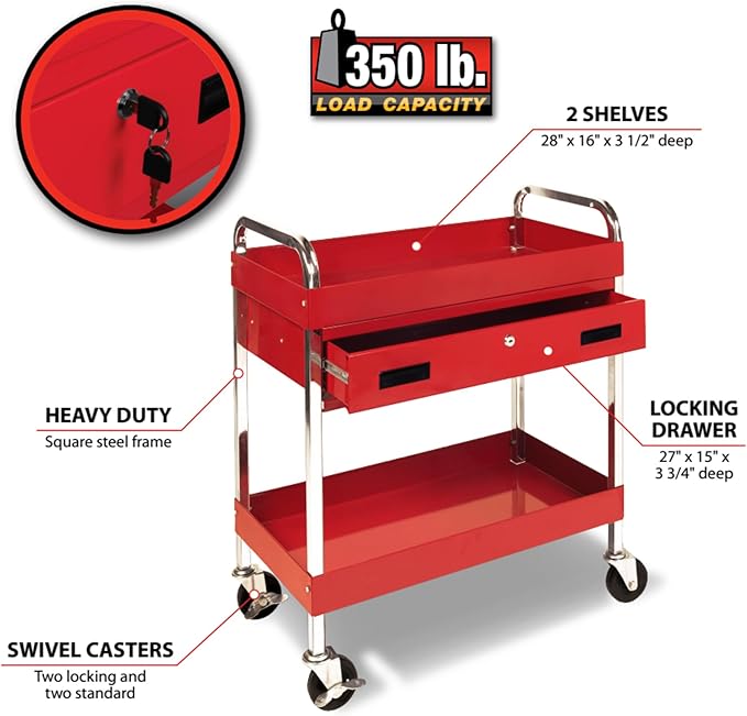 Performance Tool W54004 Two Shelf Utility Cart with Drawer