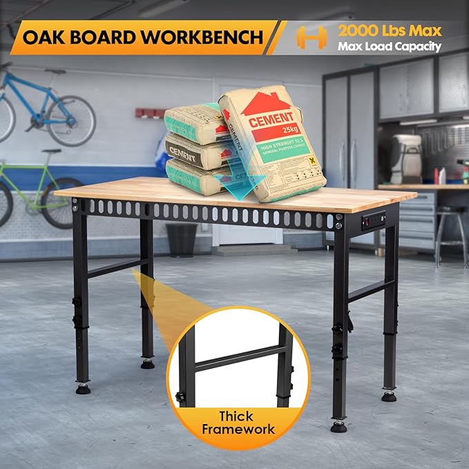 48" Height Adjustable Workbench, 2000 LBS Load Capacity Rubber Wood Top Workstation with Power Outlet and Foot Pads, Heavy-Duty Hardwood Worktable for Garage Workshop (with Foot Pads and Socket,48'')