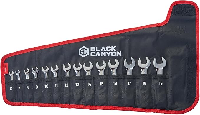 BLACK CANYON 14-Piece Metric Stubby Combination Wrench Set with Roll-Up Pouch - Cr-V Steel Chrome Finish for Tight Spaces