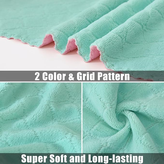 Mordimy 12 Pack Kitchen Cloths Dish Towels (10" x 10", Green & Pink), Super Soft and Absorbent Dish Cloths, Coral Velvet Microfiber Cleaning Cloth, Nonstick Oil Fast Dry Dishcloths