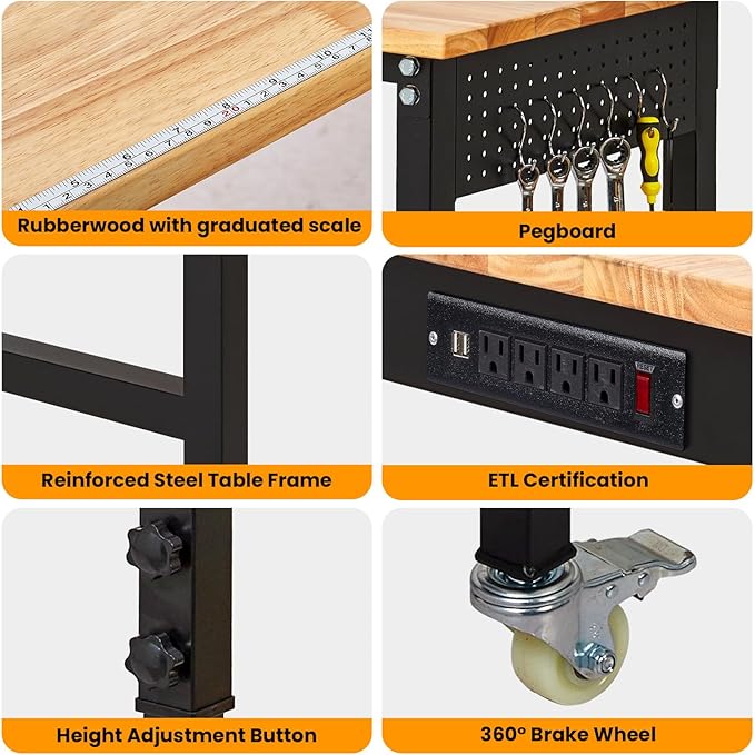 48" Adjustable Workbench with Power Outlet, 8-Levels Height Adjustable Work Table, Rubber Wood Heavy Duty Workbenches with Wheels & Pegboard for Garage Office Workshop Home Commercial