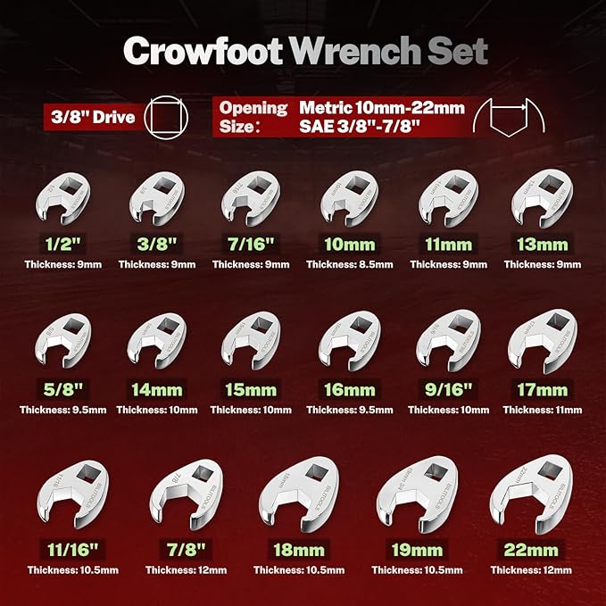 BILITOOLS Crows Foot Wrench Set, 3/8" Drive Crowfoot Flare Nut Cr-V Metric 10-22mm & SAE 3/8"-7/8" | 17 Piece