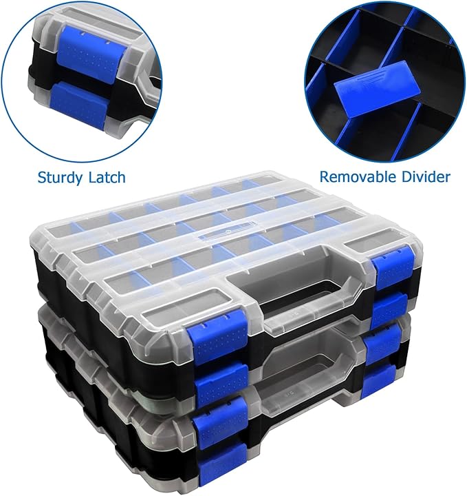 Double Side Tool Box Organizer, Hardware Storage Box, Portable Small Parts Organizer with Removable Plastic Dividers for Screws, Nuts, Nails, Bolts (Blue)