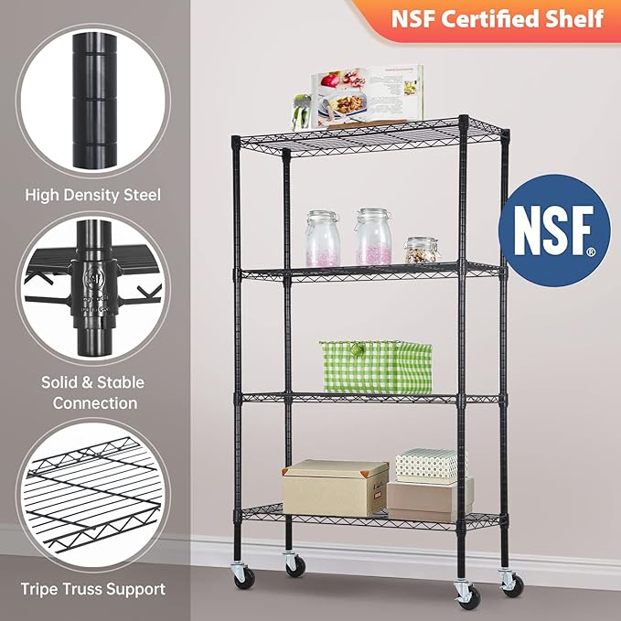 FDW | 4-Tier Wire Storage Shelves with Wheels | 36"x14"x62" | Black | Adjustable Racks | Heavy-Duty Metal Shelf, Holds Upto 500 lbs | Tool-Free Assembly, Rust-Resistant | for Home & Garage Shelving