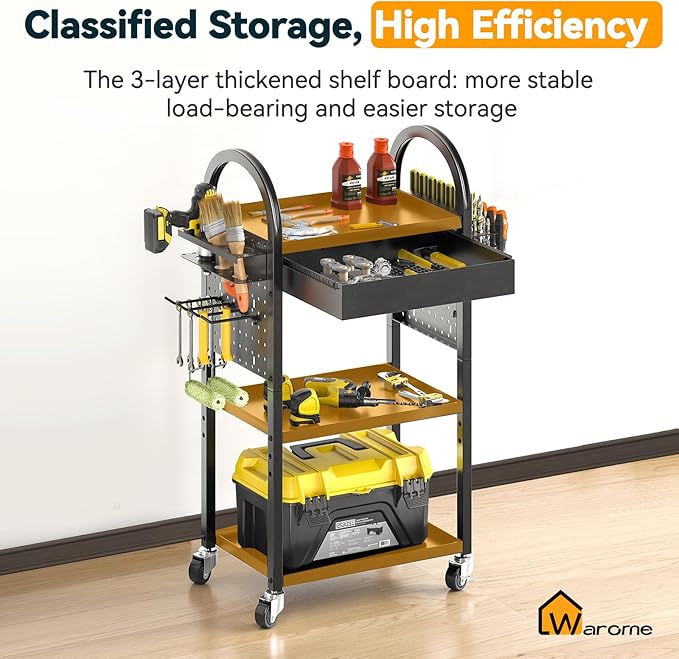 Warome Power Tool Organizer Cart with Drawer, Garage Floor Rolling Storage Cart on Wheels for Mechanic, Heavy Duty Utility Rack Shelf for 360° Swiveling, Garage Orgnization for Drill Holder