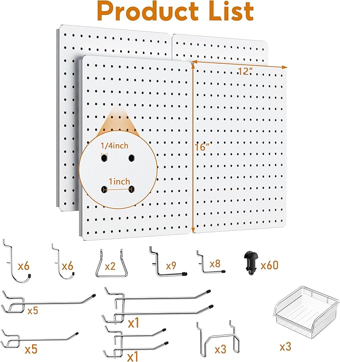 Peg Board, 110pcs Metal Pegboard Kit, Includes 4 Pack White Peg Board Panels with Accessories and Hook Locks, Large Heavy Duty Peg Boards for Walls Home, Garage Tool Storage, Workbench