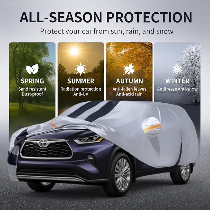 Multi-Layer Car Cover Custom Fit for Toyota Highlander(2000-2026), 100% Waterproof All Weather for Automobiles, Gift with Towel, Heavy Duty Car Covers for Rain Sun UV Protection with Door Zipper
