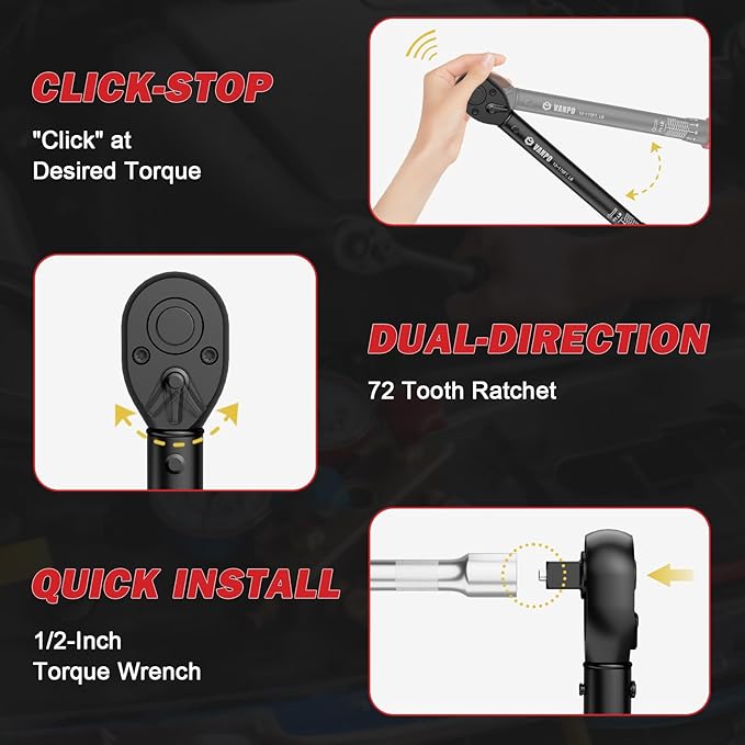 VANPO 1/2-inch Drive Click Torque Wrench,10-170 Ft-Lb/13.6-230.5 Nm, Adjustable Torque Wrench Set with 1/2" to 3/8" Adapter, 125mm Extension Bar, 72-Tooth Torque Wrench for Moto, Car Maintenance