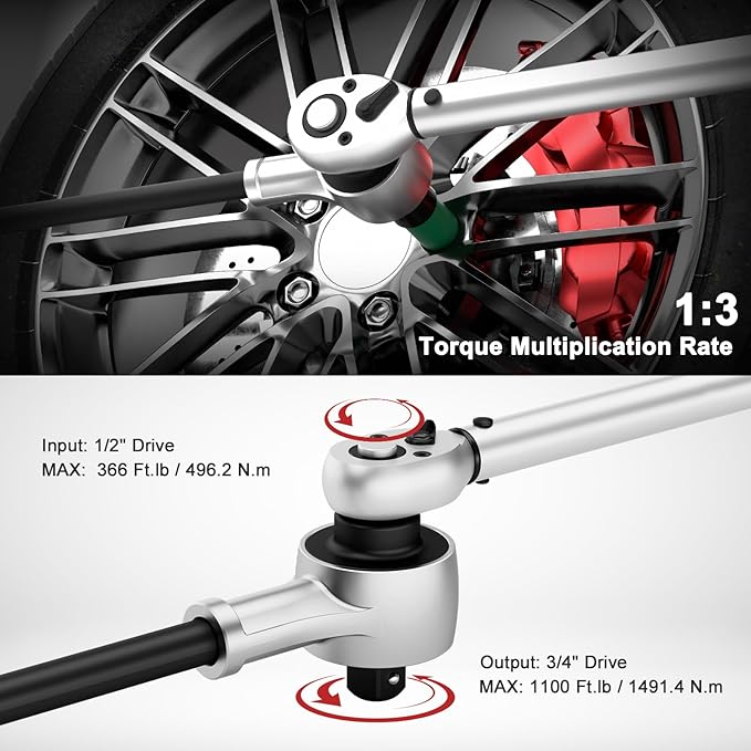 VANPO Torque Multiplier, 1:3 Torque Ratio, Heavy Duty Torque Multiplier Wrench, 3/4" Drive Output 1100 Ft.lb/1491.4 N.m, 1/2" Drive Input 366 Ft.lb/496.2 N.m for Car, Truck, RVs Maintenance