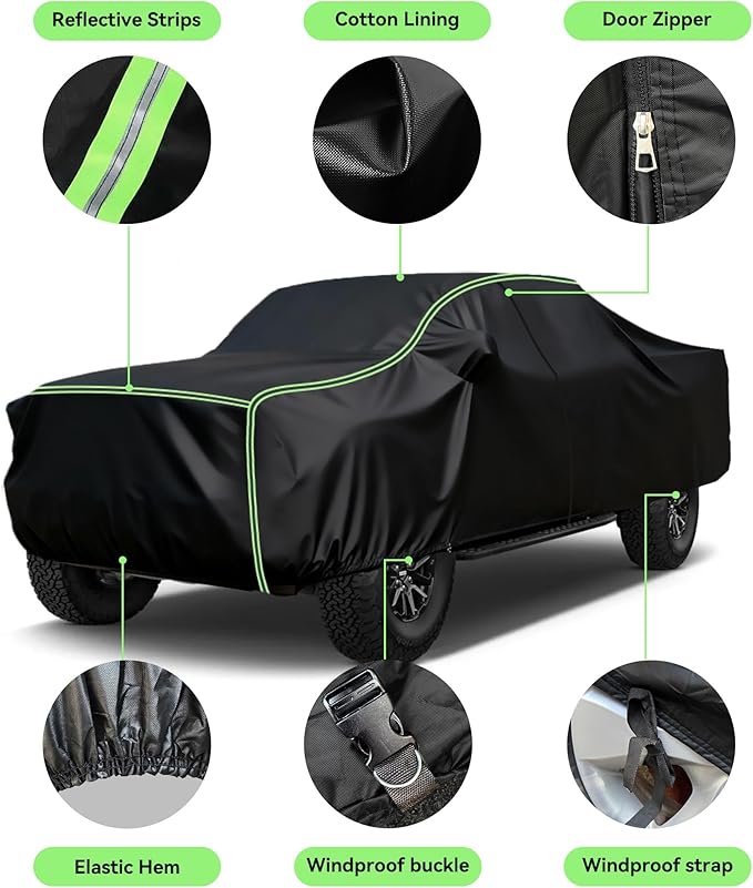 Car Cover for Chevrolet Silverado Pickup Truck 1999-2023 – Durable 210D Oxford Fabric, Waterproof & UV-Resistant, All-Weather Protection with Windproof Straps and Reflective Details