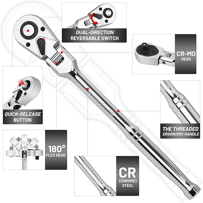 1/2 3/8 1/4 Inch Drive Ratchet Set, 4Pcs Flex Head Ratchet Set, 72 Tooth Quick Release Flexible Swivel Head Socket Ratchet Wrench Set