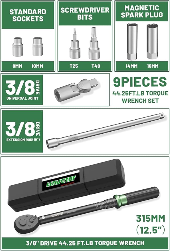 3/8" Torque Wrench Set, Adjustable Click Torque Wrench 3.69-44.25 ft.lb, Inch Pound Torque