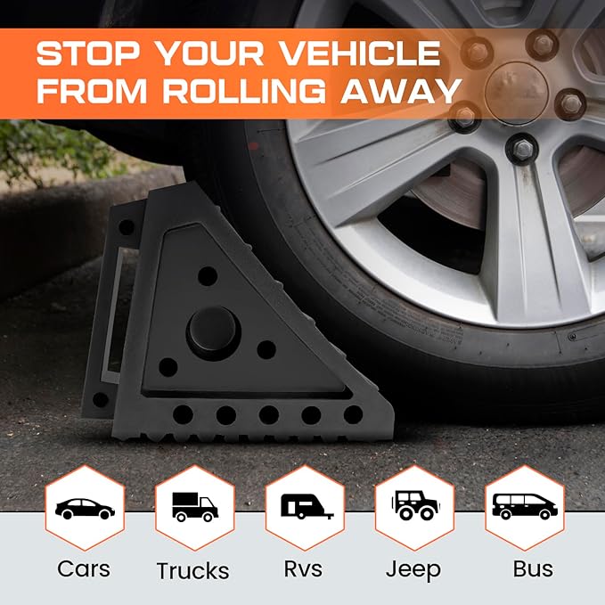 Taifa 4PCS Heavy Duty Rubber Wheel Chocks for Travel Trailers, RV Wheel Stoppers Tire Chock with Portable Handle for Camper Cars Trucks etc., Black