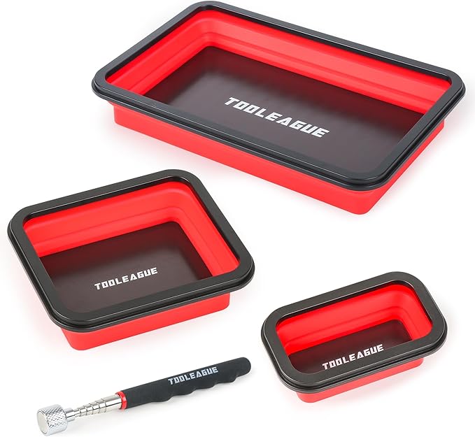 TOOLEAGUE 3Pcs Collapsible Magnetic Parts Tray Set with 15Lb Magnetic Pickup Pen,3 Different Size Silicone Foldable Tool for Organizing Screw Bolts Nuts Washers Pins and Other Small Metal Parts