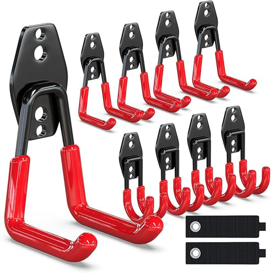 3-H Garage Wall Hooks 10 Pack, Heavy Duty Garage Hooks with Extra Welding Spots, Wall Mount Storage Organizer for Hanging Garden Lawn Tools, Chair, Shovel, Blower, Toolkit (red)